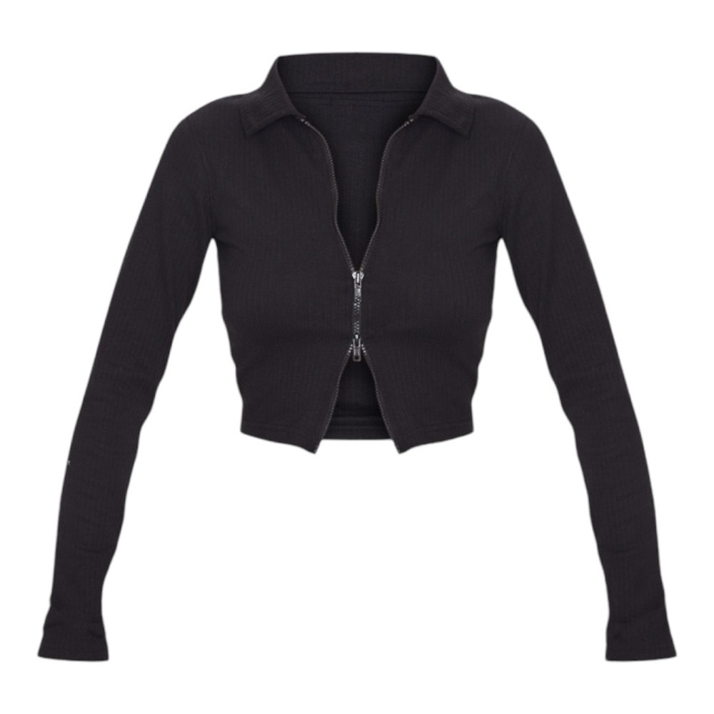 Black Jumbo Rib Collar Double Zip Top
